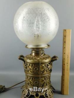 Antique Bronze Ornate Floral Oil Lamp Acid Etched Globe Shade