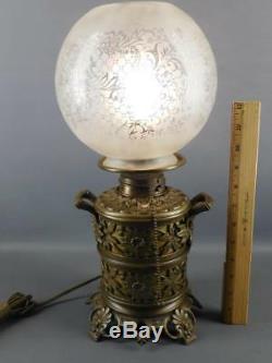 Antique Bronze Ornate Floral Oil Lamp Acid Etched Globe Shade