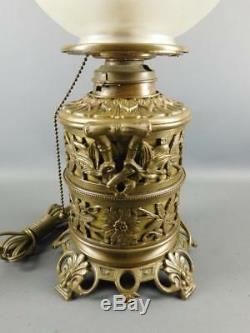 Antique Bronze Ornate Floral Oil Lamp Acid Etched Globe Shade