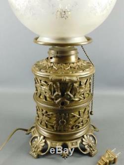 Antique Bronze Ornate Floral Oil Lamp Acid Etched Globe Shade