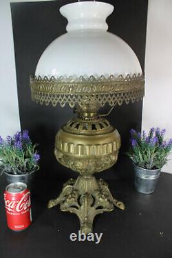 Antique Bronze caryatid heads oil petrol lamp opaline glass