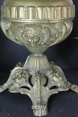 Antique Bronze caryatid heads oil petrol lamp opaline glass