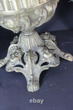 Antique Bronze caryatid heads oil petrol lamp opaline glass