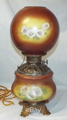 Antique Brown & Yellow GONE WITH THE WIND GWTW WHITE FLORAL Electrified OIL LAMP