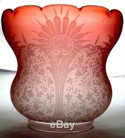 Antique C1890 Cranberry Profusely Etched Oil Lamp Shade Hinks Messengers 4 Fit