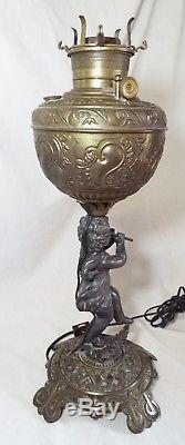 Antique CHERUB PLAYING FIFE Figural Electrified Oil BANQUET LAMP BASE -WORKS