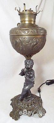 Antique CHERUB PLAYING FIFE Figural Electrified Oil BANQUET LAMP BASE -WORKS