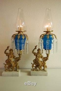 Antique CIVIL War Boston Sandwich Eapg Glass Bronze Oil Kerosene Candelabra Lamp