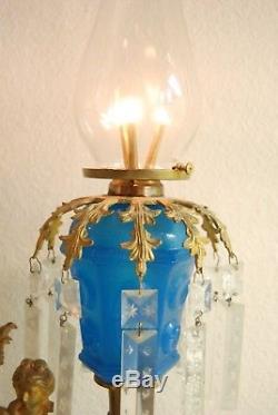 Antique CIVIL War Boston Sandwich Eapg Glass Bronze Oil Kerosene Candelabra Lamp
