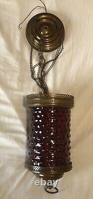 Antique CRANBERRY Glass & Brass Hanging Oil Lamp Large, Rare & Very Nice