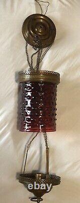 Antique CRANBERRY Glass & Brass Hanging Oil Lamp Large, Rare & Very Nice