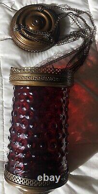 Antique CRANBERRY Glass & Brass Hanging Oil Lamp Large, Rare & Very Nice