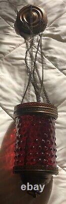 Antique CRANBERRY Glass & Brass Hanging Oil Lamp Large, Rare & Very Nice