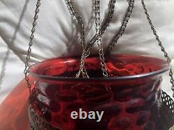 Antique CRANBERRY Glass & Brass Hanging Oil Lamp Large, Rare & Very Nice