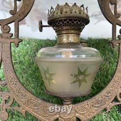 Antique C. 1870s Cast Iron Adjustable Hanging Parlor Oil Kero Lamp Font Eastlake