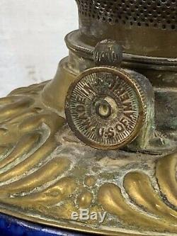 Antique C. T. Victorian P&g Oil Lamp With 6 Petal Stained Slag Glass Tulip Shade