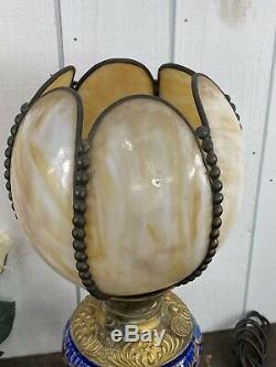 Antique C. T. Victorian P&g Oil Lamp With 6 Petal Stained Slag Glass Tulip Shade