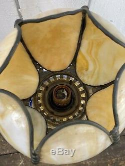 Antique C. T. Victorian P&g Oil Lamp With 6 Petal Stained Slag Glass Tulip Shade