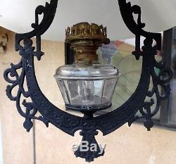 Antique Cast Iron 1876 Bradley & Hubbard Iron Horse Hanging Oil Lamp, Glass 1862