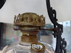 Antique Cast Iron 1876 Bradley & Hubbard Iron Horse Hanging Oil Lamp, Glass 1862