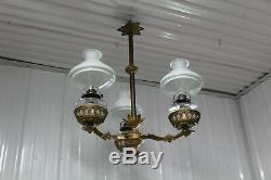 Antique Cast Iron 3 Arms Oil Lamp Chandelier Bradley & Hubbard Era Glass Shade