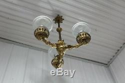 Antique Cast Iron 3 Arms Oil Lamp Chandelier Bradley & Hubbard Era Glass Shade