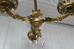 Antique Cast Iron 3 Arms Oil Lamp Chandelier Bradley & Hubbard Era Glass Shade