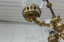 Antique Cast Iron 3 Arms Oil Lamp Chandelier Bradley & Hubbard Era Glass Shade