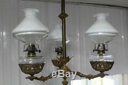 Antique Cast Iron 3 Arms Oil Lamp Chandelier Bradley & Hubbard Era Glass Shade