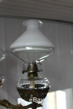 Antique Cast Iron 3 Arms Oil Lamp Chandelier Bradley & Hubbard Era Glass Shade