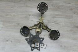 Antique Cast Iron 3 Arms Oil Lamp Chandelier Bradley & Hubbard Era Glass Shade