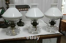 Antique Cast Iron 3 Arms Oil Lamp Chandelier Bradley & Hubbard Era Glass Shade