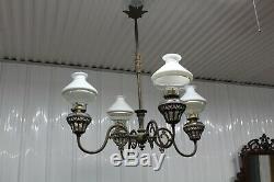 Antique Cast Iron 4 Arms Oil Lamp Chandelier Bradley & Hubbard Era With Glass Sh