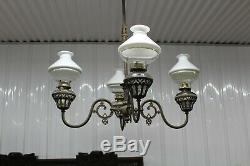 Antique Cast Iron 4 Arms Oil Lamp Chandelier Bradley & Hubbard Era With Glass Sh