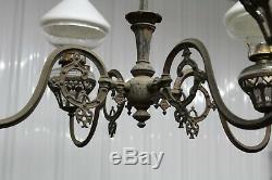 Antique Cast Iron 4 Arms Oil Lamp Chandelier Bradley & Hubbard Era With Glass Sh