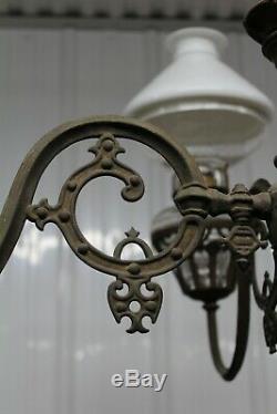 Antique Cast Iron 4 Arms Oil Lamp Chandelier Bradley & Hubbard Era With Glass Sh