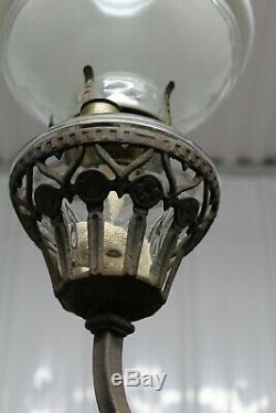 Antique Cast Iron 4 Arms Oil Lamp Chandelier Bradley & Hubbard Era With Glass Sh