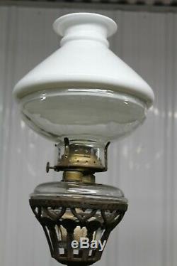 Antique Cast Iron 4 Arms Oil Lamp Chandelier Bradley & Hubbard Era With Glass Sh