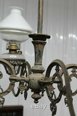 Antique Cast Iron 4 Arms Oil Lamp Chandelier Bradley & Hubbard Era With Glass Sh