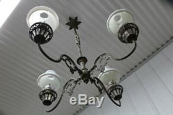 Antique Cast Iron 4 Arms Oil Lamp Chandelier Bradley & Hubbard Era With Glass Sh