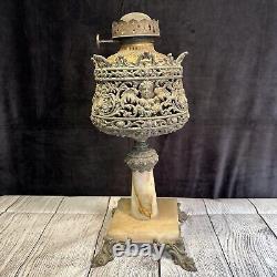 Antique Cast Iron Onyx Cherub Banquet Oil Lamp Centerpiece + Burner HEAVY 16