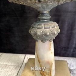 Antique Cast Iron Onyx Cherub Banquet Oil Lamp Centerpiece + Burner HEAVY 16