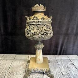 Antique Cast Iron Onyx Cherub Banquet Oil Lamp Centerpiece + Burner HEAVY 16