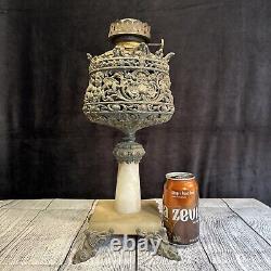 Antique Cast Iron Onyx Cherub Banquet Oil Lamp Centerpiece + Burner HEAVY 16