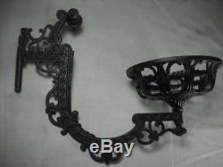 Antique Cast Iron Wall Bracket Finger Oil Lamp with Etched Glass Ruffled Shade