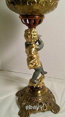 Antique Cherub Figural GWTW Oil Lamp Banquet Parlor Figurine Lamp Large Globe