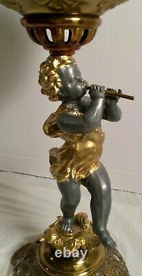 Antique Cherub Figural GWTW Oil Lamp Banquet Parlor Figurine Lamp Large Globe