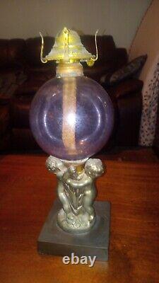 Antique Cherub Figural Stem Kerosene Oil Lamp W Amethyst Globe Very Old Late 18