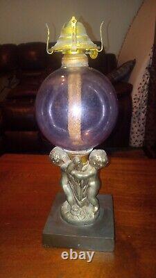 Antique Cherub Figural Stem Kerosene Oil Lamp W Amethyst Globe Very Old Late 18