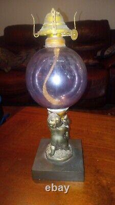 Antique Cherub Figural Stem Kerosene Oil Lamp W Amethyst Globe Very Old Late 18